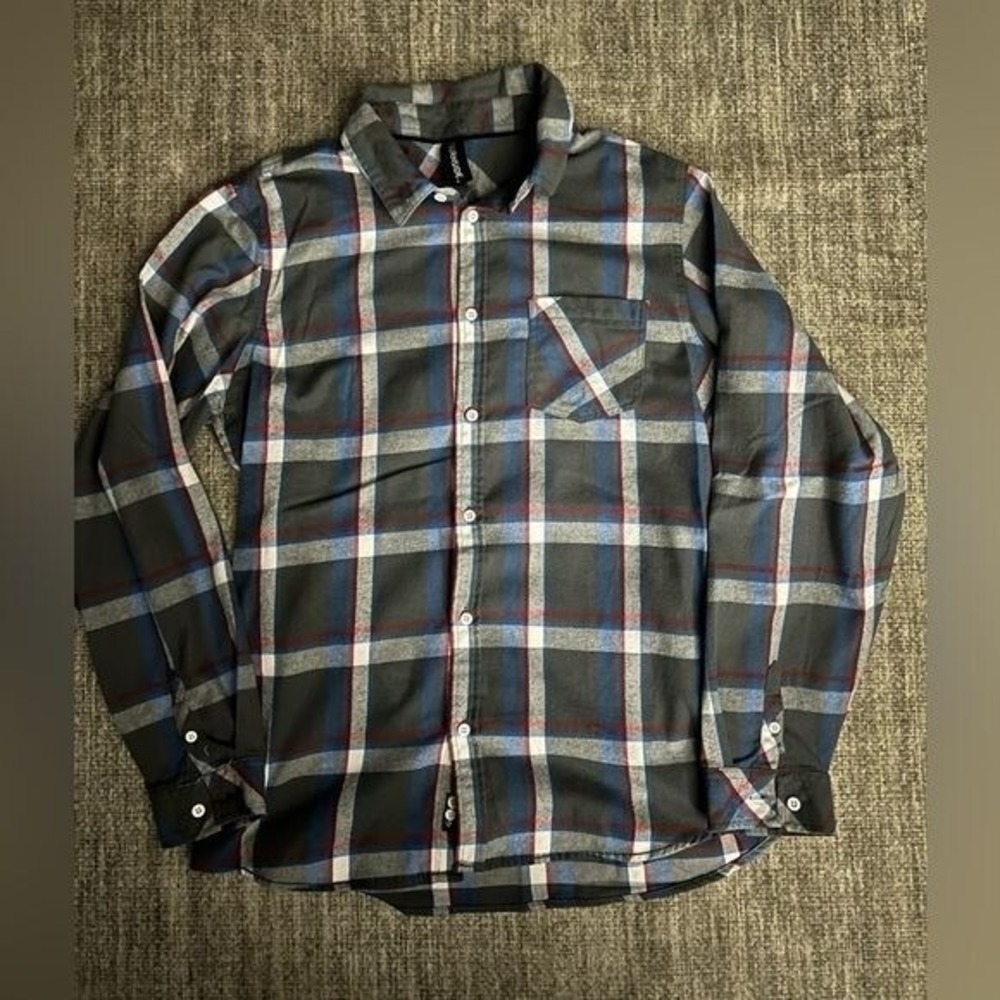 Burnside Mens Medium Plaid Button-Up Shirt In Gray Blue & Red